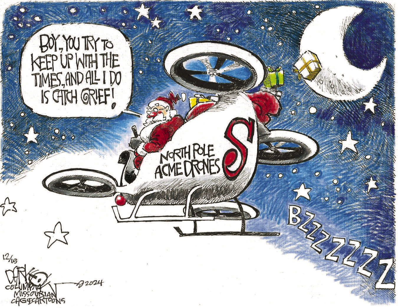 Left, Cagle Cartoons offers a humorous take on Santa and the recent drone sightings.