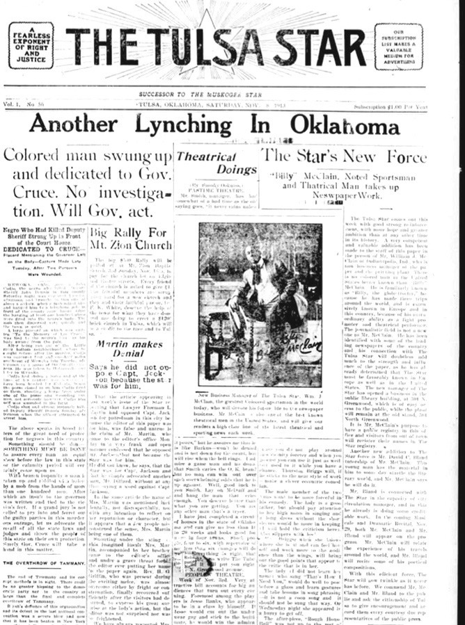A photo of the front page of the Tulsa Star with the headline “Another Lynching in Oklahoma,” in reference to John Cudjo, who was lynched outside the Wewoka courthouse in 1913.