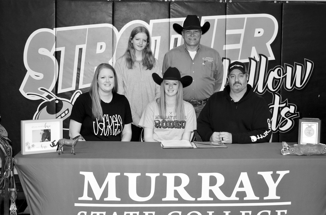 Ryleigh Law (center), a senior at Strother High School, signed a letter of commitment Monday to attend Murray State College on a rodeo scholarship. Ryleigh was joined by her mother, Rachelle Law (left), her father, Steve Law (right) and her sister, Hallie