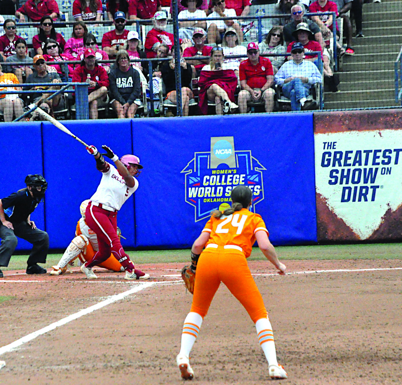OU Ella Parker just misses the throw before hitting her first homerun of the game Thursday. Staff Photo by Bill Anderson