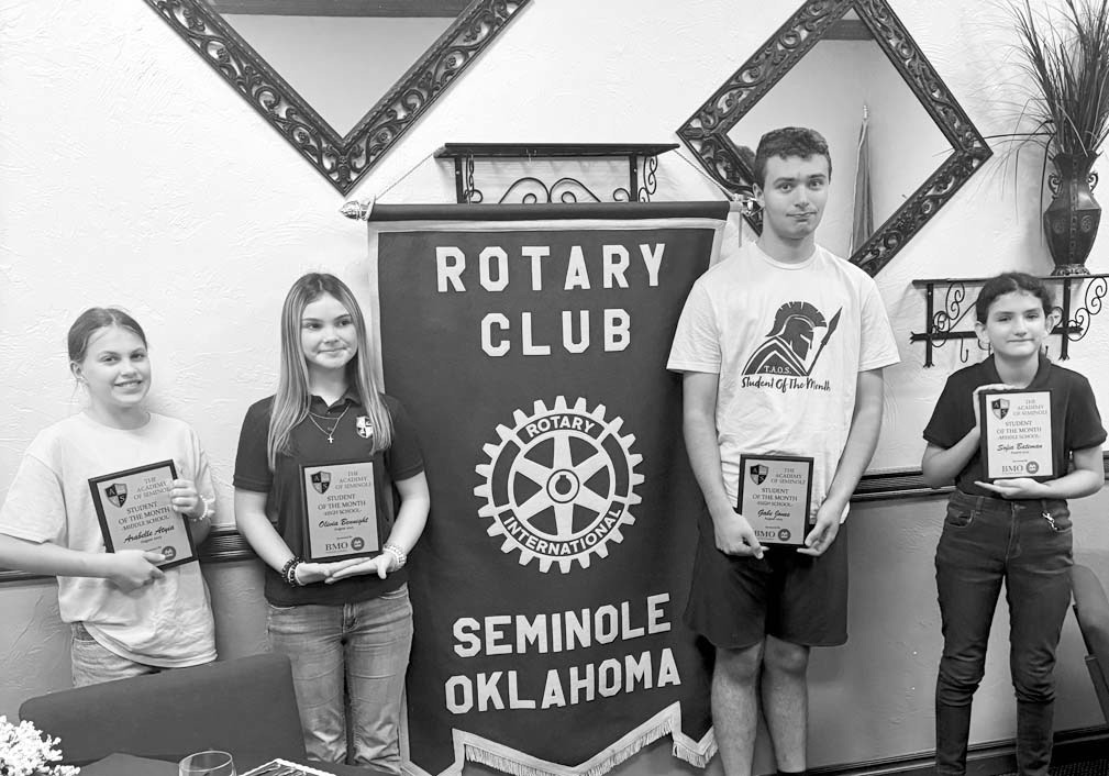 Academy of Seminole students Arabelle Atyia, Olivia Bennight, Gabe Jones and Sofia Bateman (pictured l-r) were recognized at Wednesday’s Seminole Rotary Club meeting as the Academy’s August Students of the Month. (Courtesy photo)