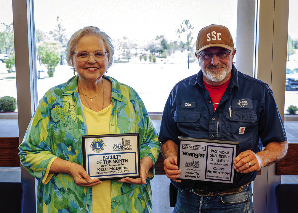 Kelli McBride, Seminole State College Language Arts and Humanities Division Chair (left), and Clint Robertson, SSC Director of Physical Plant (right), were recognized during the Seminole Chamber of Commerce Forum on April 9 as Faculty Member of the Month 