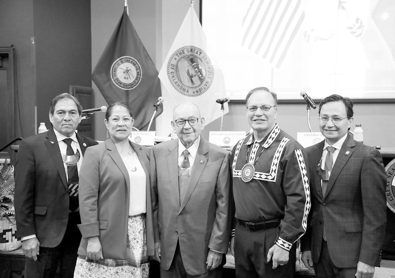 During this month’s quarterly session held at the Hard Rock Hotel &amp; Casino Tulsa, Leaders of the Inter-Tribal Council of the Five Tribes met to discuss important issues impacting tribes. From left: Muscogee Nation Principal Chief David Hill, Seminol