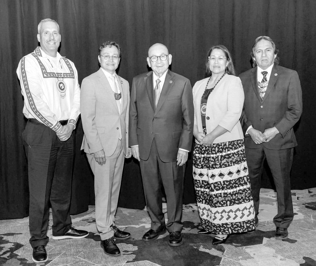 From left, Choctaw Nation Assistant Chief, Jack Austin Jr., Cherokee Nation Principal Chief Chuck Hoskin Jr., Chickasaw Nation Governor Bill Anoatubby, Seminole Nation of Oklahoma Chief Sena Yesslith and Muscogee Nation Principal Chief David Hill. —Phot