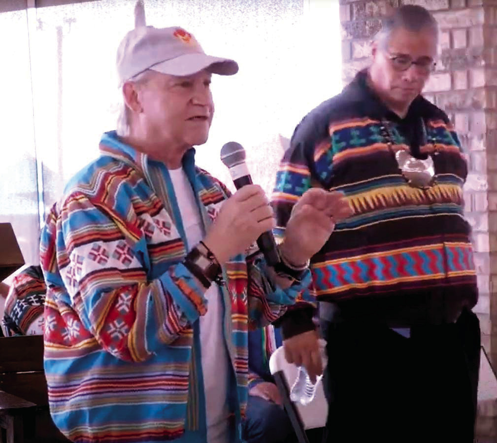 K.C. Schulberg, Chairman of Maple Leaf Resorts Oklahoma (left), announces plans for a $1 billion casino/resort at I-40 and Hwy. 99 at the 2023 Seminole Nation Days celebration. Also pictured is Lewis Johnson, Chief of the Seminole Nation of Oklahoma. Plan