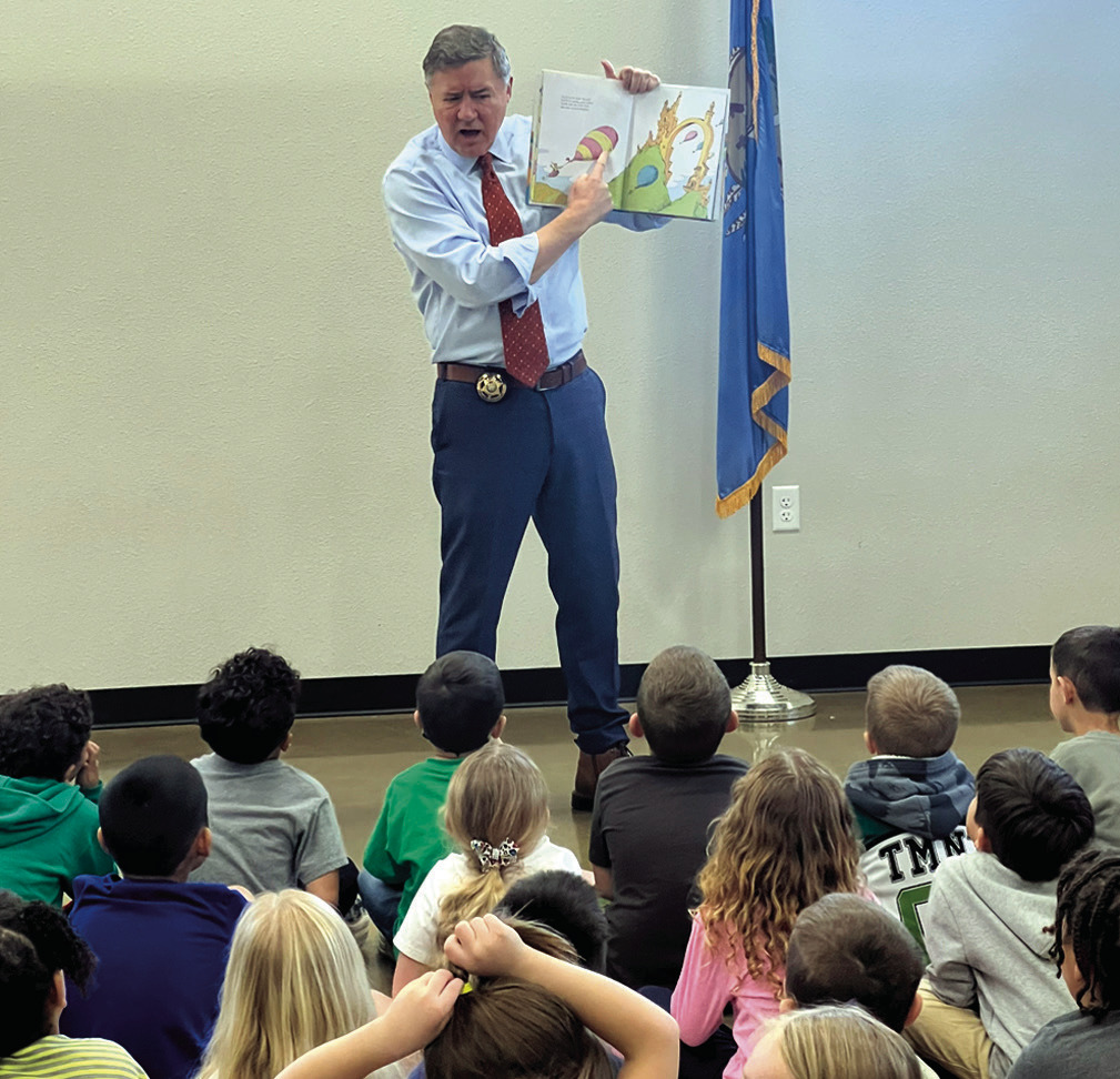 Attorney General Gentner Drummond, who is running for governor, was in Seminole Thursday, Feb. 26. His first stop was at the Betty L. Smith Early Childhood Center, where he read to kindergarteners. He then stopped by the Seminole Producer offices. —Cour
