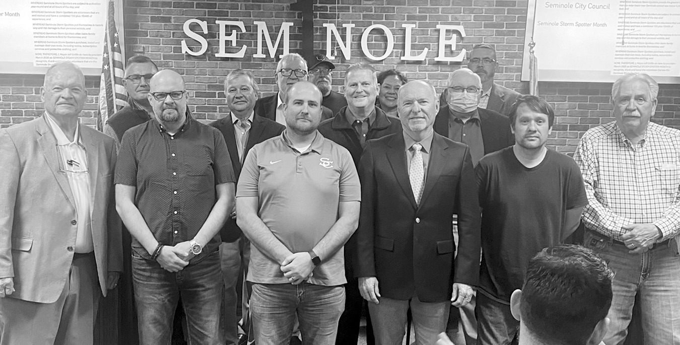 —Courtesy photo Seminole Mayor Jeff Griffin, a storm spotter himself, has proclaimed March as “Storm Spotter Month.” The proclamation was read Tuesday evening at the Seminole City Council meeting. Seminole’s storm spotter team was also recognized 