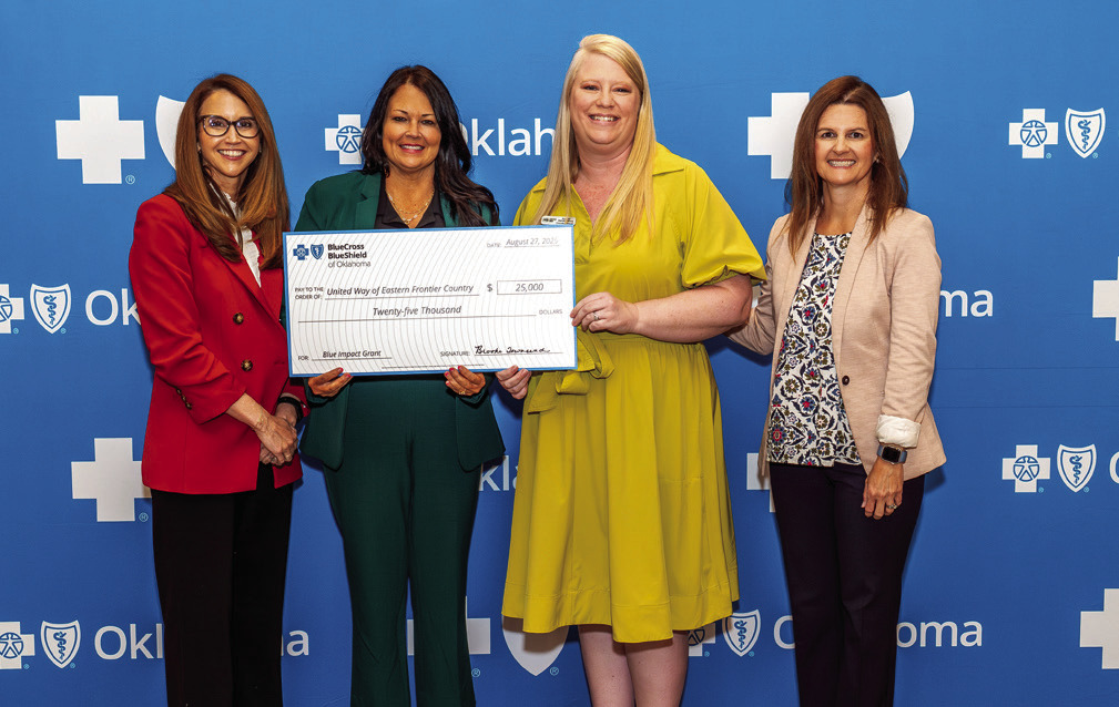 United Way of Eastern Frontier Country Board Chair Ashley Fichtner and Executive Director Sandy Vanderburg accept a grant check from Blue Cross &amp; Blue Shield of Oklahoma in support of the Ride United Transportation Access program. (Courtesy photo)