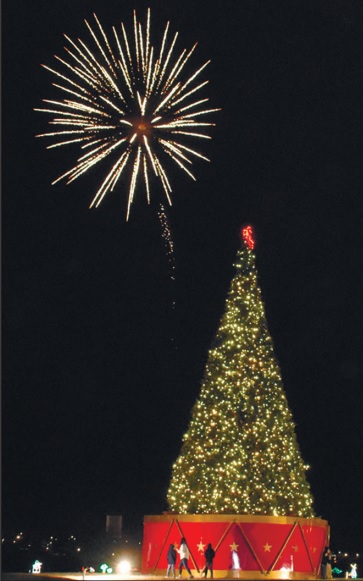 Fireworks explode over the giant Christmas tree Wednesday night at Snowman Wonderland,