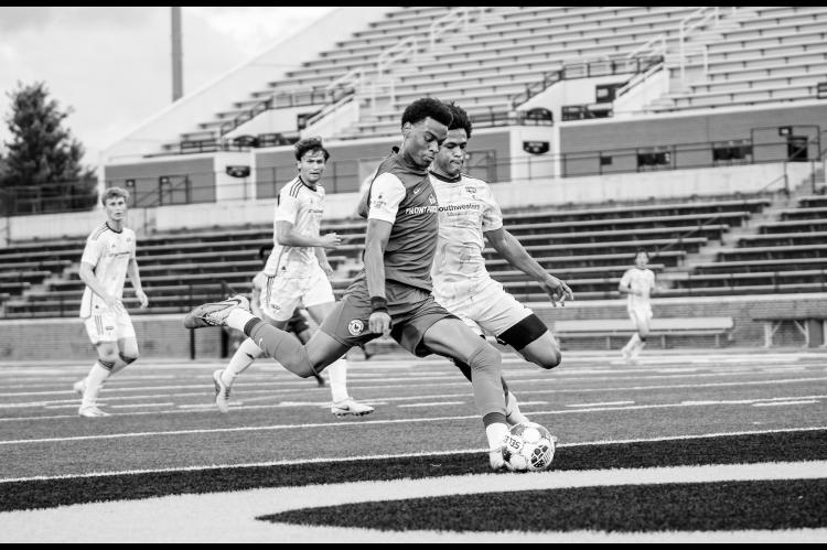Oklahoma United Clubs Ethan Taylor prepares to fire a shot on goal Saturday. Courtesy Photo by Ben Schatzel