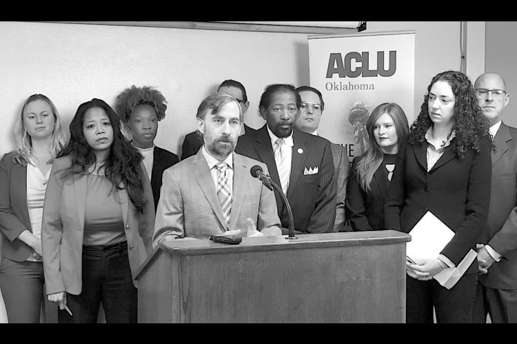 Then-ACLU of Oklahoma executive director Ryan Kiesel speaks Wednesday, Dec. 11, 2019, during a press conference about a class-action lawsuit filed against Canadian County. (Tres Savage)