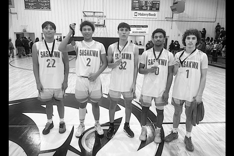 Pictured to the right is the Sasakwa Viking All-TournamentTeamthatwas selected at the Graham-Dustin Tournament. L-R: Nate Reed, Sherman Mitchell, Josh Jones, Darius Henderson and Micah Wheeler. Courtesy Photo