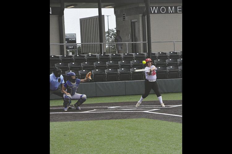 Sasakwa / Maud player Gabby Taylor gets a base hit Thursday afternoon. Staff Photo by Bill Anderson