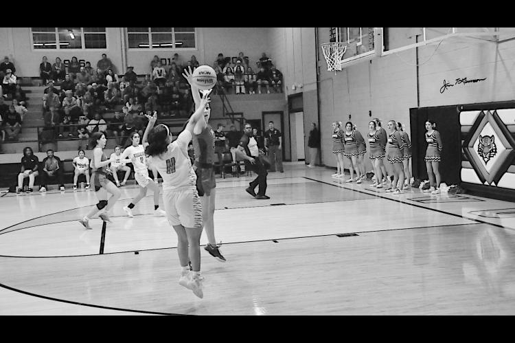 Wewoka Lady Tiger Aubrey Alexander shoots around the Vanoss defender Monday night. Lady Tigers lost 46-71 Staff Photo by Bill Anderson