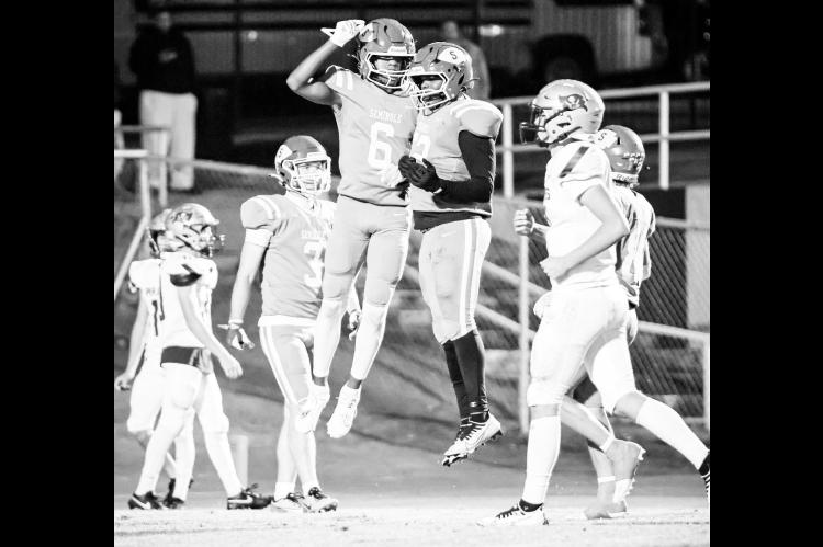 Seminole Chieftains WR Jay Ladd and OL Ty Washington celebrate Ladd’s receiving touchdown Courtesy Photo by Ben Schatzel