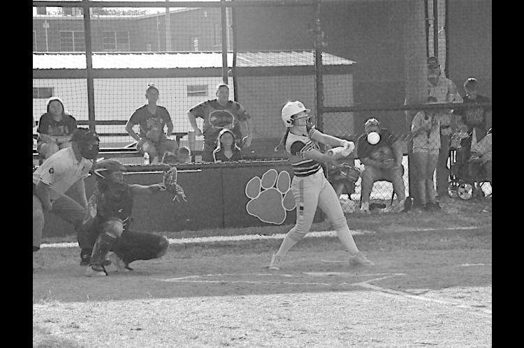 Maud Lady Tiger Mariah Moran hits the single to get on base Friday night. Staff Photo by Bill Anderson