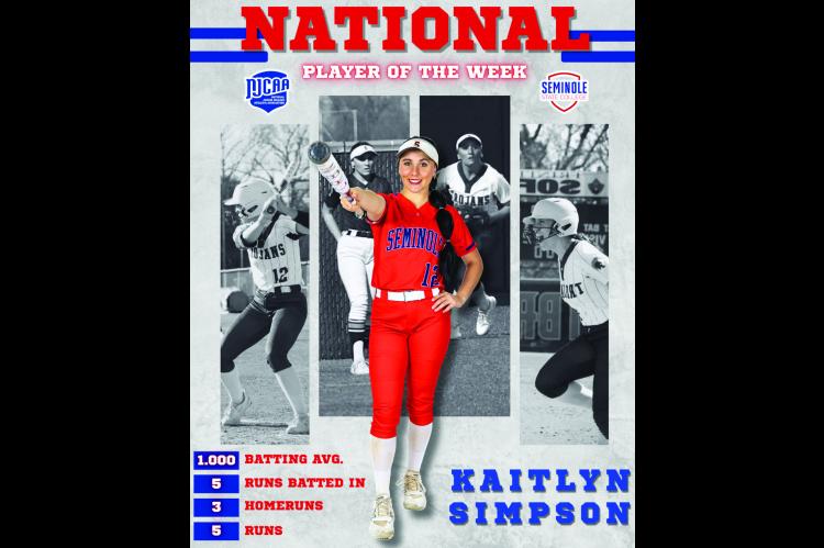 Seminole State - April 8, 2026 | Softball Seminole State softball’s very own Katie Simpson earns NJCAA DI National Player of the week. Simpson batted an outstanding 1.000 average, had 5 runs batted in, 3 homeruns, and scored 5 runs herself. Courtesy Pho