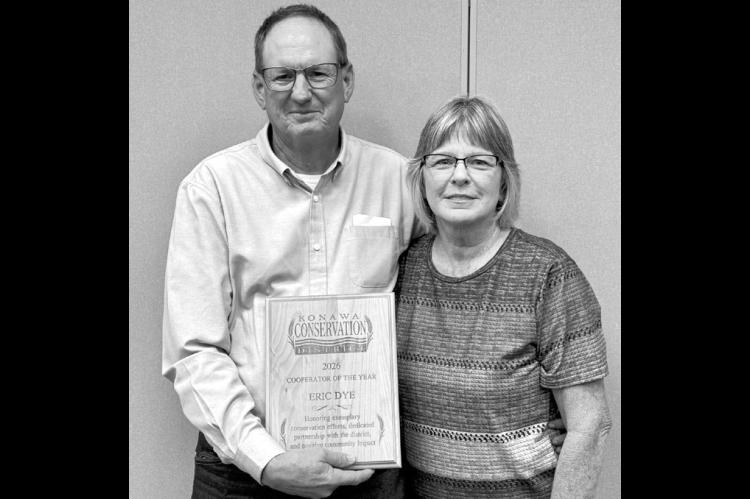 Pictured above is Eric Dye and his wife, Sandy. Eric was named the Konawa Conservation District’s 2026 Cooperator of the Year at the recent Farmer/Rancher Appreciation Dinner at the Pottawatomie County Free Fair. (Courtesy photo)