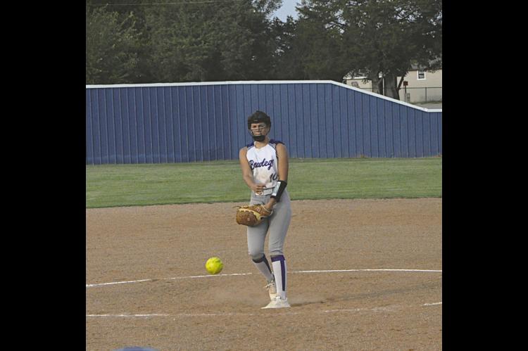 Bowlegs Lady Bison pitcher MaryBeth Dunagan throws the strike against the Calvin batter. Staff Photo by Bill Anderson