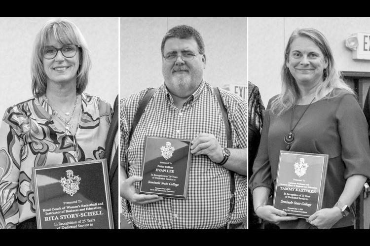 Three employees were honored for their years of service during the SSC Spring Recognition Banquet. Pictured left to right are: Rita Story-Schell, Head Coach of Women’s Basketball and HPER Instructor, recognized for 25 years; Evan Lee, Campus Police Offi