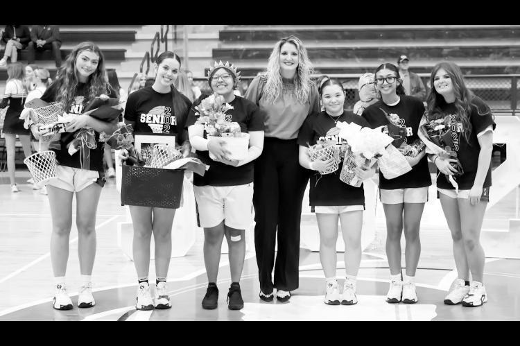 Seminole High School honored the senior members of the girls and boys basketball teams Monday night during the games against the Ada Cougars. Pictured l-r are Lady Chieftains Olivia Doucette, Kassidy Baker, Chanel Cleveland, Coach Ashley Lamb, Aundrea Tag