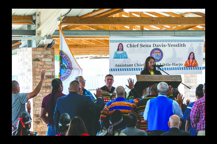 Seminole Nation’s newly elected principal chief, Sena Davis-Yesslith, swears in the new tribe’s new council on September 6, 2025, at the Mekusukey Mission Arena. (Photo by Sarah Liese, KOSU Radio)