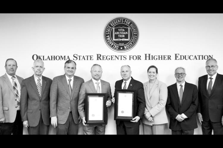 State Regents Jeffrey W. Hickman and Dustin J. Hilliary were each named State Regent Emeritus at the April 16, 2026 meeting of the Oklahoma State Regents for Higher Education. Pictured from left to right: State Regent Dennis Casey; State Regent Justice St
