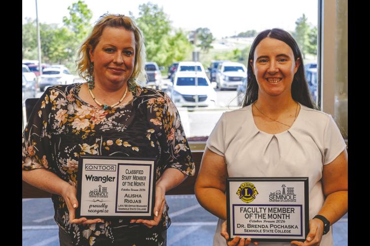 Seminole State College Office Manager Alisha Riojas, left, and Assistant Professor of Criminal Justice Dr. Brenda Prochaska were recognized during the Seminole Chamber of Commerce Forum on Oct. 8. Riojas was named Staff Member of the Month, and Prochaska was named Faculty Member of the Month. (SSC photo)