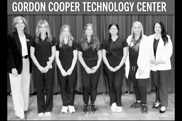 Pictured are Julie McCormick, GCTC Superintendent; Rachel Pritchett, Instructor and Ashley Fichtner, Director of Partner School Outreach with students Lila Gates (Tecumseh), Evangeline Busler (NRC), Claire Steward (Bethel) and Chloe Chastain (Meeker). Gordon Cooper Technology Center and SSM Health have formed an apprenticeship partnership to give students real-world training opportunities. (Photo provided)