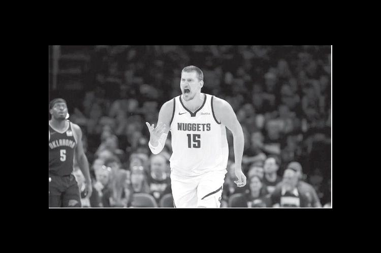 Denver Nuggets center Nikola Jokic (15) reacts after a play against the Oklahoma City Thunder in the second half during game two of the second round for the 2025 NBA Playoffs at Paycom Center May 7. (Alonzo Adams-Imagn Images / Alonzo Adams-Imagn Images)