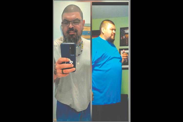 Mike Carrillo demonstrates the weight loss benefits of a plant-based diet with before (right) and after (left) photos. (Photo provided)