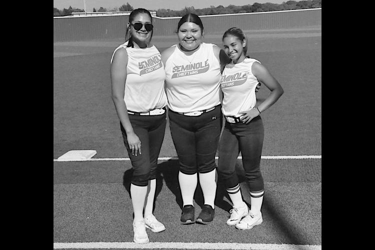 Seminole Lady Chieftains honored three of their seniors before their softball game Thursday. Pictured is Audriona Wassana, Elsie McGirt and Ava Yarbrough. Staff Photo by Bill Anderson