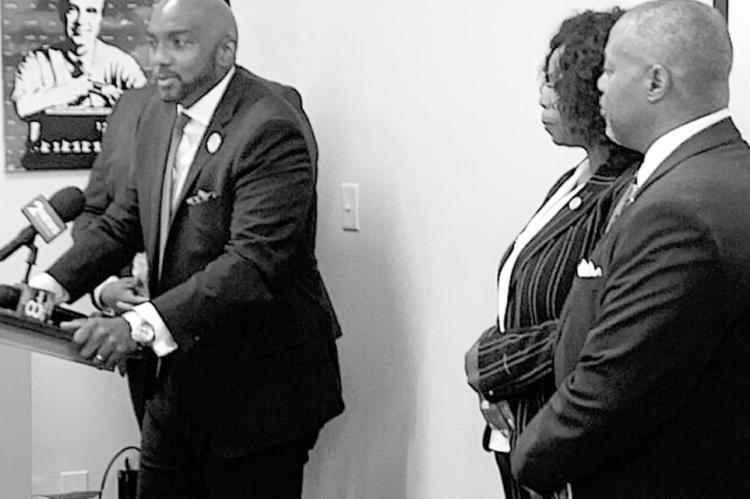 Attorney Damario Solomon-Simmons speaks about filings in a lawsuit seeking Muscogee Nation citizenship for descendants of the tribe’s Freedmen on Tuesday, July 9, 2024, in Tulsa. (Tristan Loveless)
