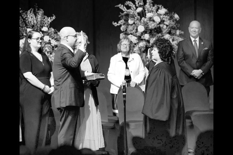 Chickasaw Nation Governor Chris Anoatubby takes his oath of office, administered by Chickasaw Nation Supreme Court Chief Justice Cheri Bellefeuille-Gordon, June 26, 2026. (Photo provided)