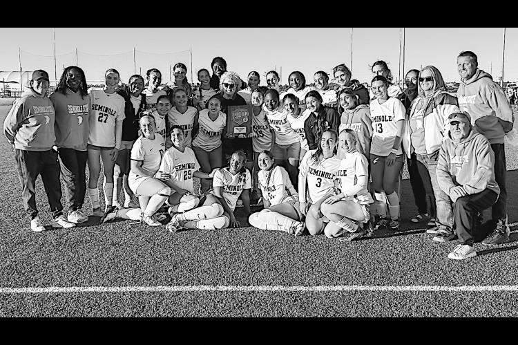 The Seminole State College women’s soccer team poses for a photo after winning the NJCAA Central Plains District Tournament on Saturday, Nov. 1, at the Advance Soccer Complex in Enid. The victory sends the Trojans to the NJCAA Division I Women’s Socce