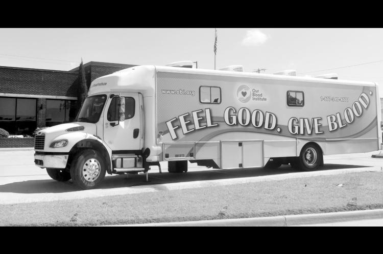 Our Blood Institute’s mobile donation unit was parked in front of First United Bank Tuesday, as part of its “Red, White &amp; True” campaign. Now through July 31, all successful donors will receive a limitededition T-shirt, featuring a special America 250 logo on the front and the Statue of Liberty on the back. Donors will also receive a free ticket to the theme park of their choice, including Frontier City, Hurricane Harbor or Magic Springs. (Staff photo by Andy Wilson)