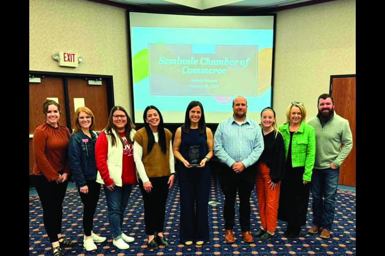 Impact Seminole was honored by the Seminole Chamber of Commerce with the “Up and Coming” Award. Pictured l-r are Whitney Robertson, Amanda Kuehner, Laura Allison, Emily Payne, Jenna Geoghegan, Adam Baker, Jacee James, Heather James and Tyler Geohagan.