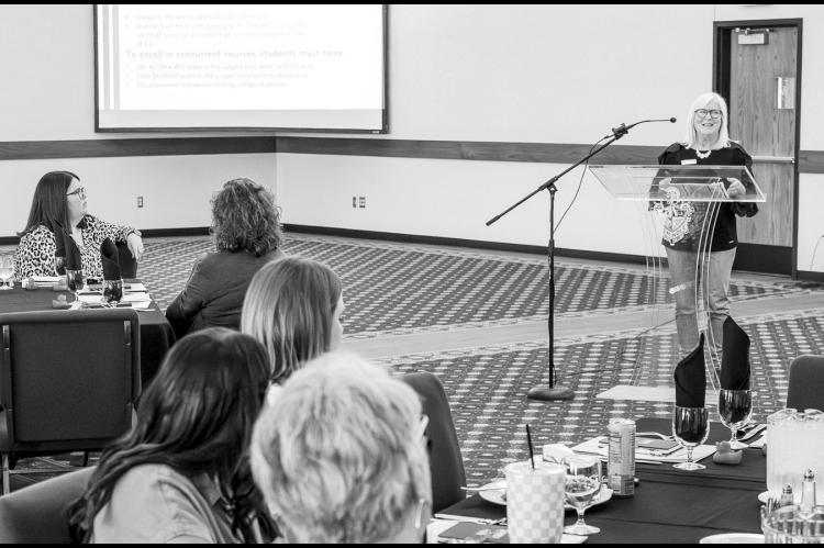Left, Seminole State College Academic Advisor Cindy Nolen speaks to local high school administrators and counselors during a June 4 workshop about the college’s new free concurrent scholarship initiative in the Enoch Kelly Haney Center. Beginning in fall 2026, eligible high school juniors and seniors in SSC’s five-county service area who qualify for the state concurrent tuition waiver will have fees and books covered through an automatic SSC scholarship. (SSC Photo)