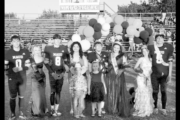 Maud High School celebrated its 2026 Homecoming Friday night. Pictured l-r is this year’s court: Nathaniel Amburn, Payton Collins, Jessy Hames, Aloyna Siqueros, Gabe Siqueros (King), Kaelynn Hoffman (Queen), Chloe Peters and Julious Brown. Standing in front are Brennon Hurley, crown bearer, and Charlee Killian, flower girl. Maud capped the night off with a 36-30 victory over Bowlegs to win the “59 Bowl.” (Photo by Bill Anderson)