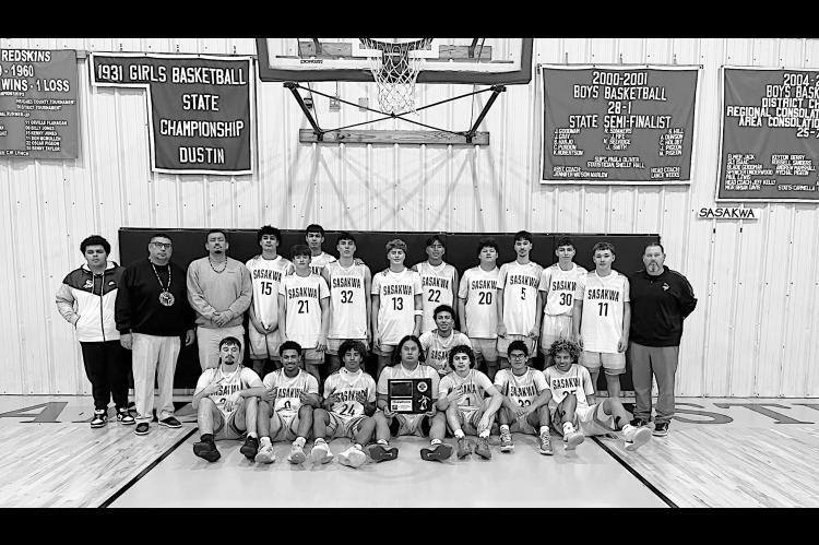 The Sasakwa Vikings win the Graham-Dustin Basketball Tournament Championship this past weekend 63-51 over the Porum Panthers. Courtesy Photo