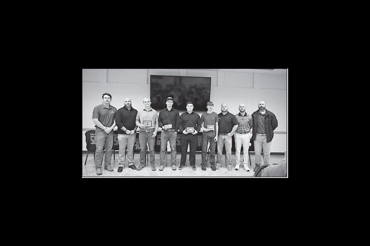 The Konawa Tigers finished the 2025 season as Class A Division II District Champions. Pictured is the Konawa football seniors with coaches. Head coach Jeff Tompkins was awarded the All District Coach of the Year. Courtesy Photo