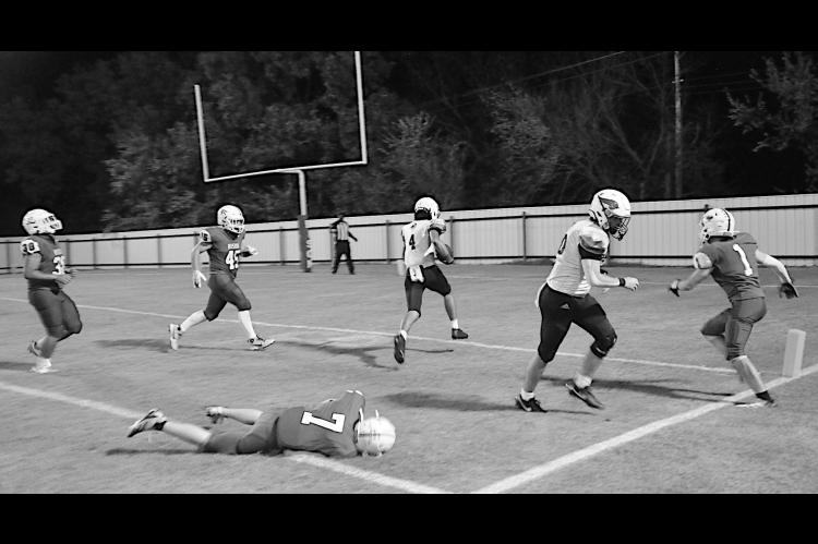 Sasakwa Viking Titan Collins gets away from the Bowlegs defender for the touchdown. Staff Photo by Bill Anderson