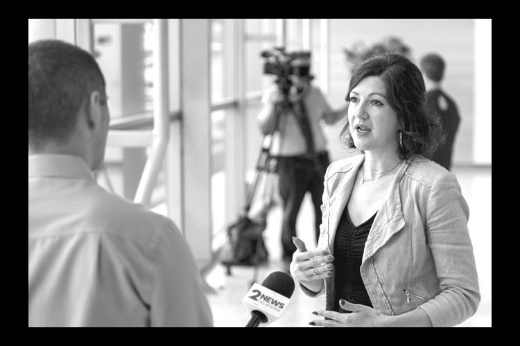 Tulsa City Councilor Laura Bellis speaks to the media after a regular city council meeting on Wednesday, Sept. 16, 2026, where an eviction prevention program passed unanimously. (Jake Ramsey/Oklahoma Watch)