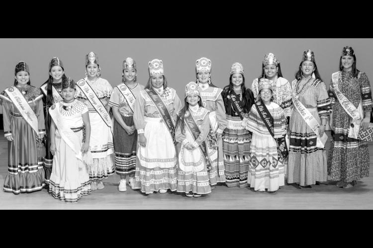 From left, Chickasaw Princess Cheyanne Arkansas, Chickasaw Junior Princess Channa Greenwood, Little Miss Chickasaw Eliorah Wright, Miss Muscogee Nation Janaya McIntosh, Junior Miss Muscogee Nation Olivia Beaver, Senior Miss Choctaw Melea Jefferson, Little