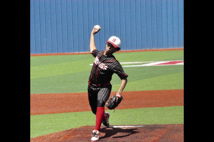 Sasakwa Viking pitcher Titan Collins throws the fast ball against Boswell Friday afternoon. Staff Photo by Bill Anderson