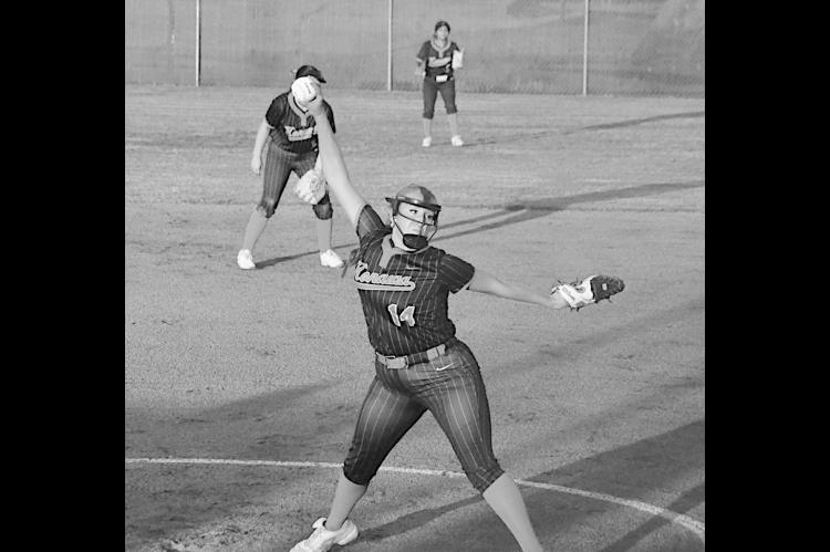 Konawa Lady Tiger Jayden Coats throws the fast ball to the Varnum batter Friday. Staff Photo by Bill Anderson