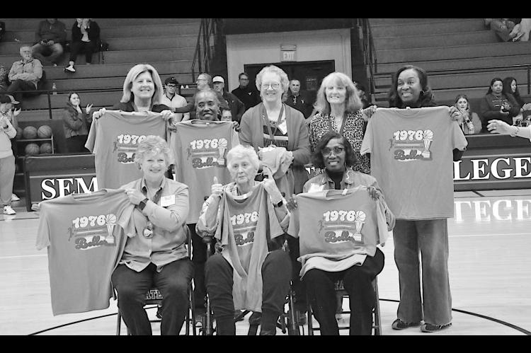 Seminole State Lady Belles 1976 Alumni attended the Monday night basketball game with Head Coach Dixie Woodall in bottom center. Staff Photo by Bill Anderson