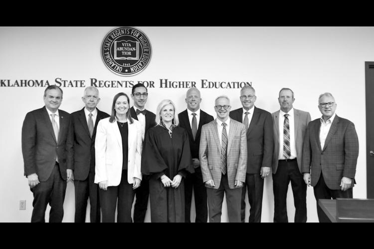 L-r: Chancellor Sean Burrage; State Regent Justice Steven W. Taylor; State Regents’ Chair Courtney Warmington; State Regent Trevor Pemberton; Oklahoma Supreme Court Vice-Chief Justice Dana Kuehn; State Regent Brian Beller; State Regent Ken Levit; State Regent Jack Sherry; State Regent Dennis Casey; and State Regent Mitch Adwon.