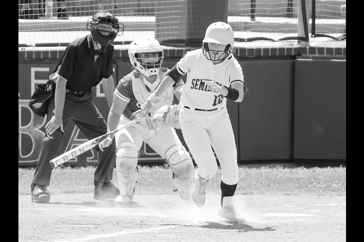 Seminole State Lady Trojan Kaitlyn Simpson heads towards first base Saturday. Courtesy Photo by Glen Bryan