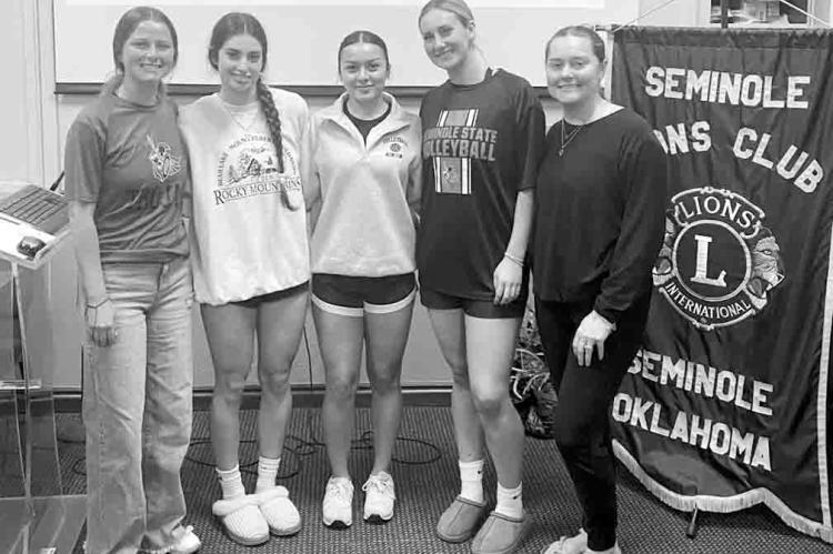 We inadvertently left out a name when we ran this picture last week. The caption should have read: Seminole State College Volleyball Coach Hannah Killian Kemp was the guest speaker at this week’s Seminole Lions Club meeting. The team has a 17-13 season 